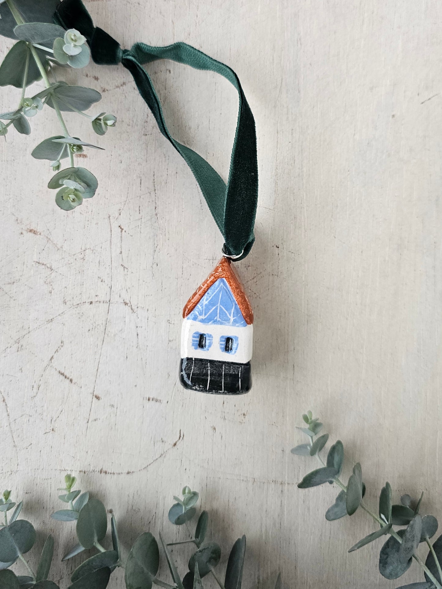 Mini Alpine Houses — Hand-Painted Ceramic Christmas Ornaments - Blue with orange roof
