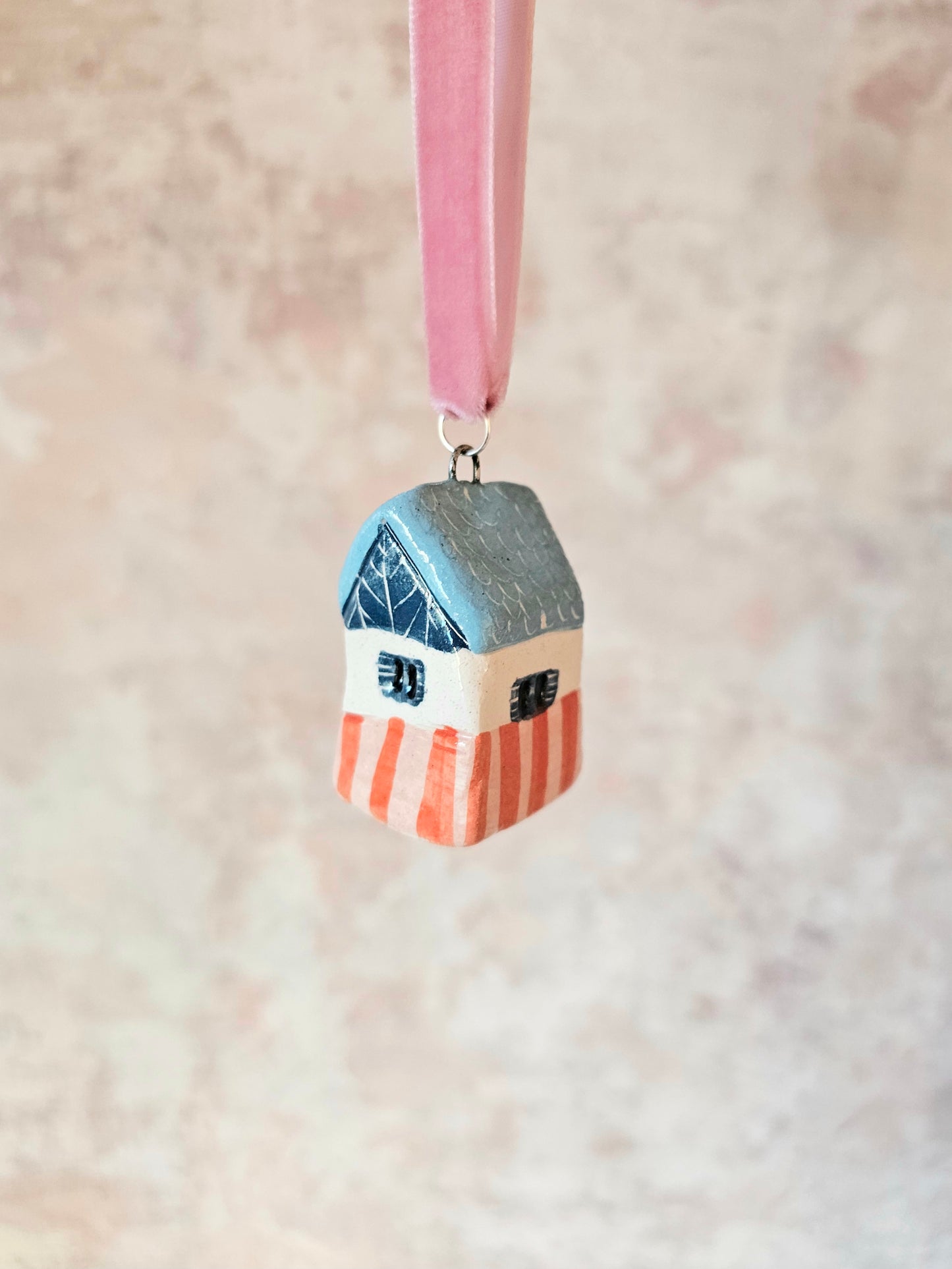 Brimble Studio
Mini Alpine Houses — Hand-Painted Ceramic Christmas Ornaments - stripes and blue roof