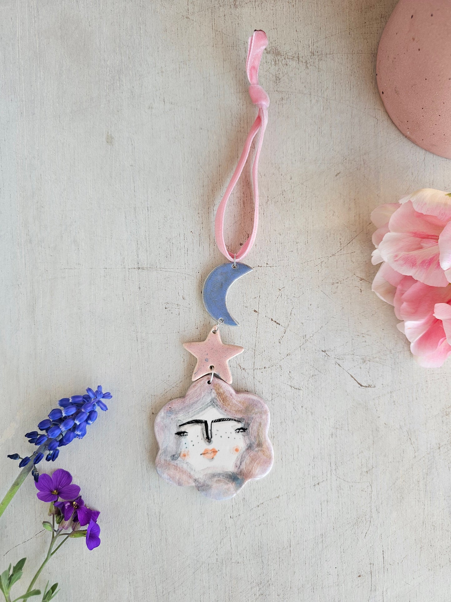 Flora the hanging ceramic dangly hanging decoration pink ribbion
