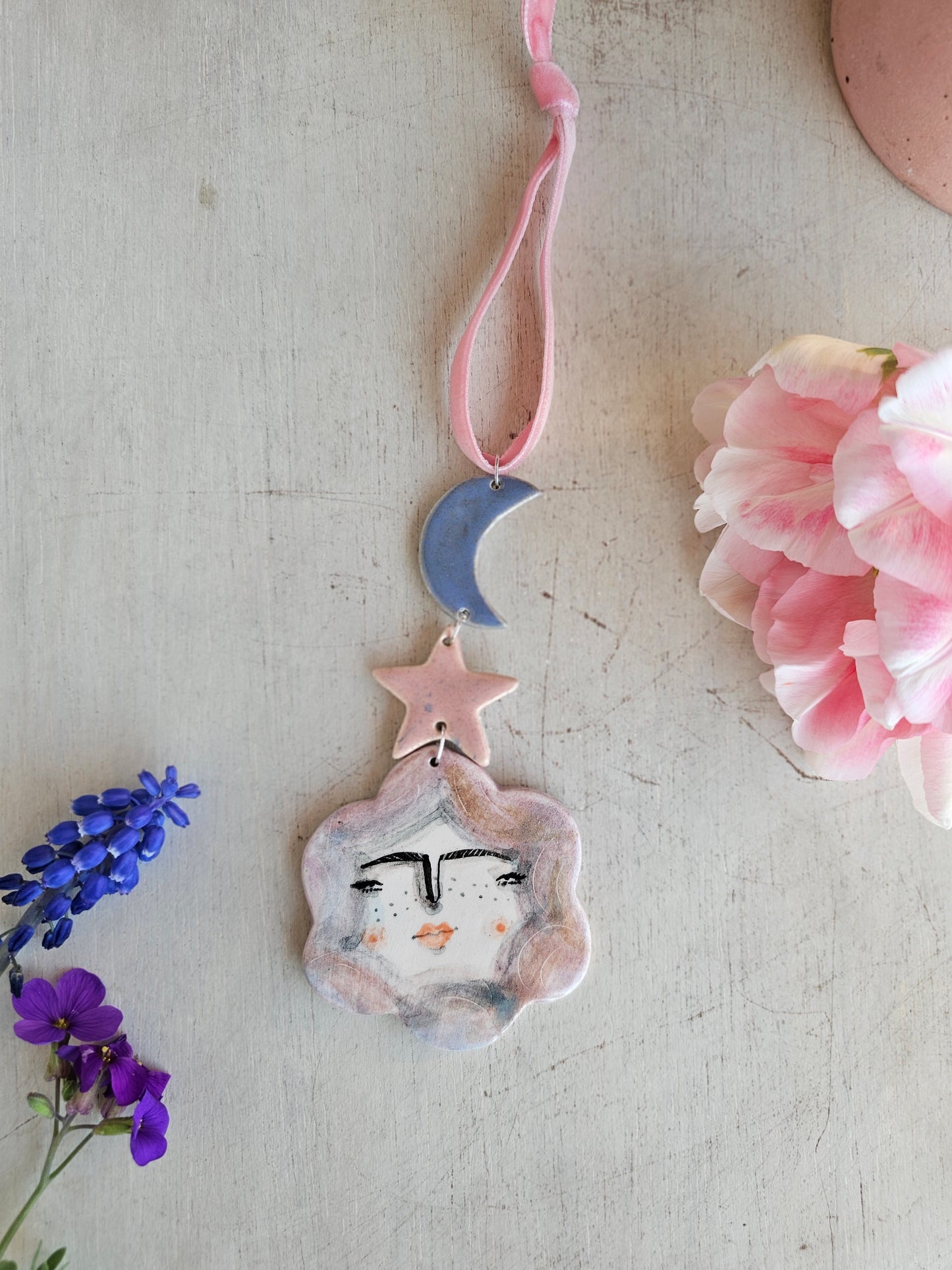 Flora the hanging ceramic dangly hanging decoration pink ribbion