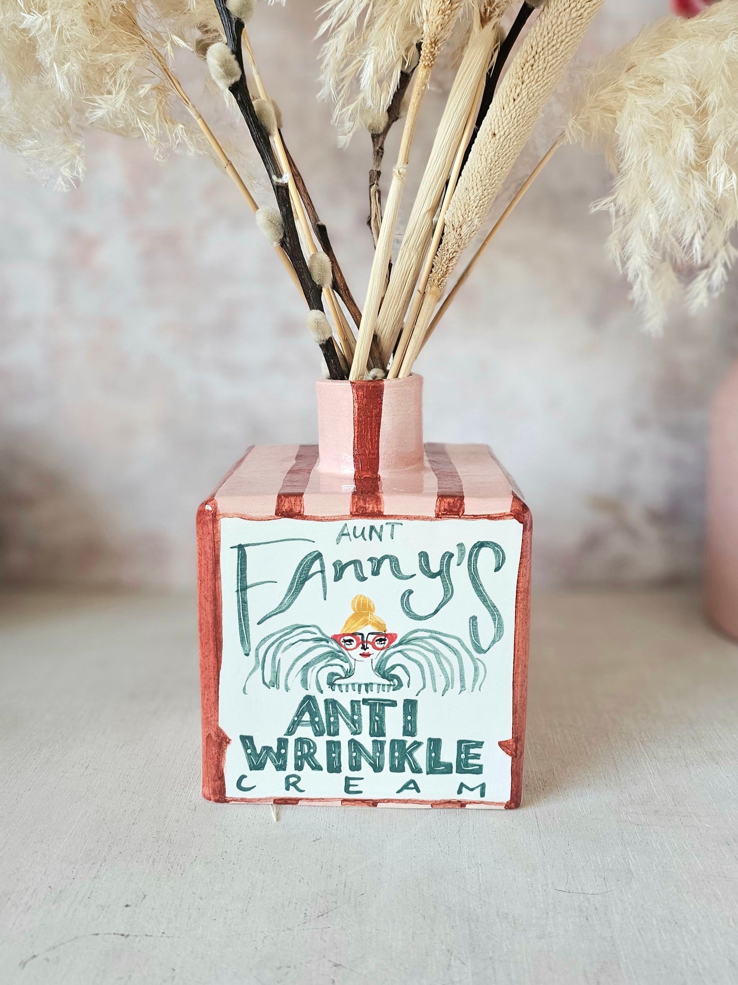 Aunt Fanny's Anti wrinkle cream large bottle Ceramic Vase thin stripe