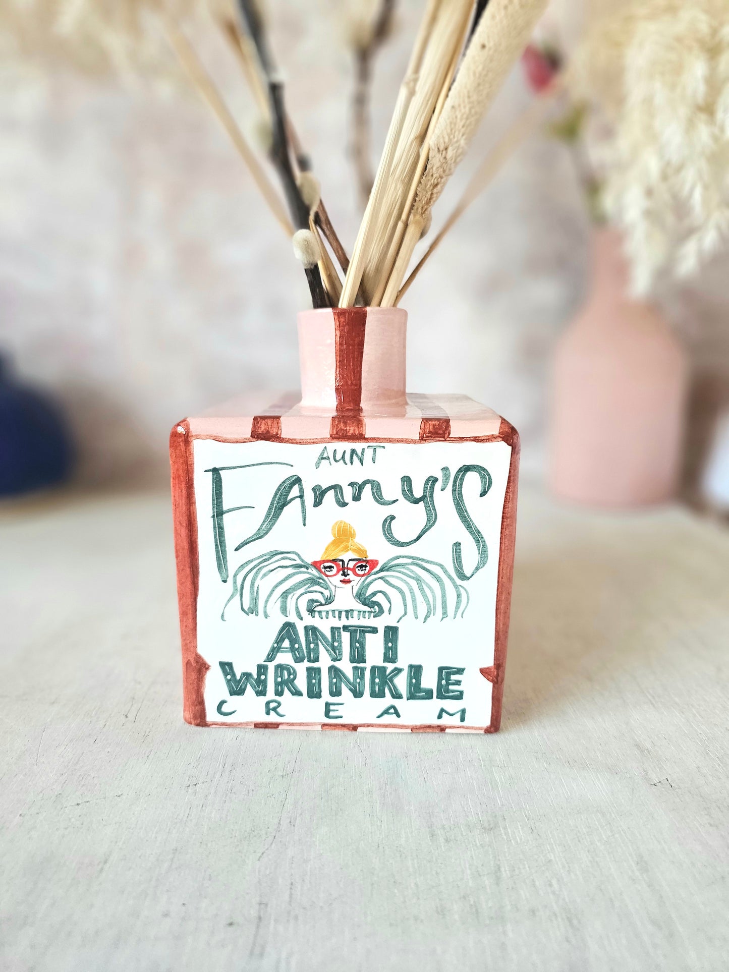 Aunt Fanny's Anti wrinkle cream large bottle Ceramic Vase thin stripe