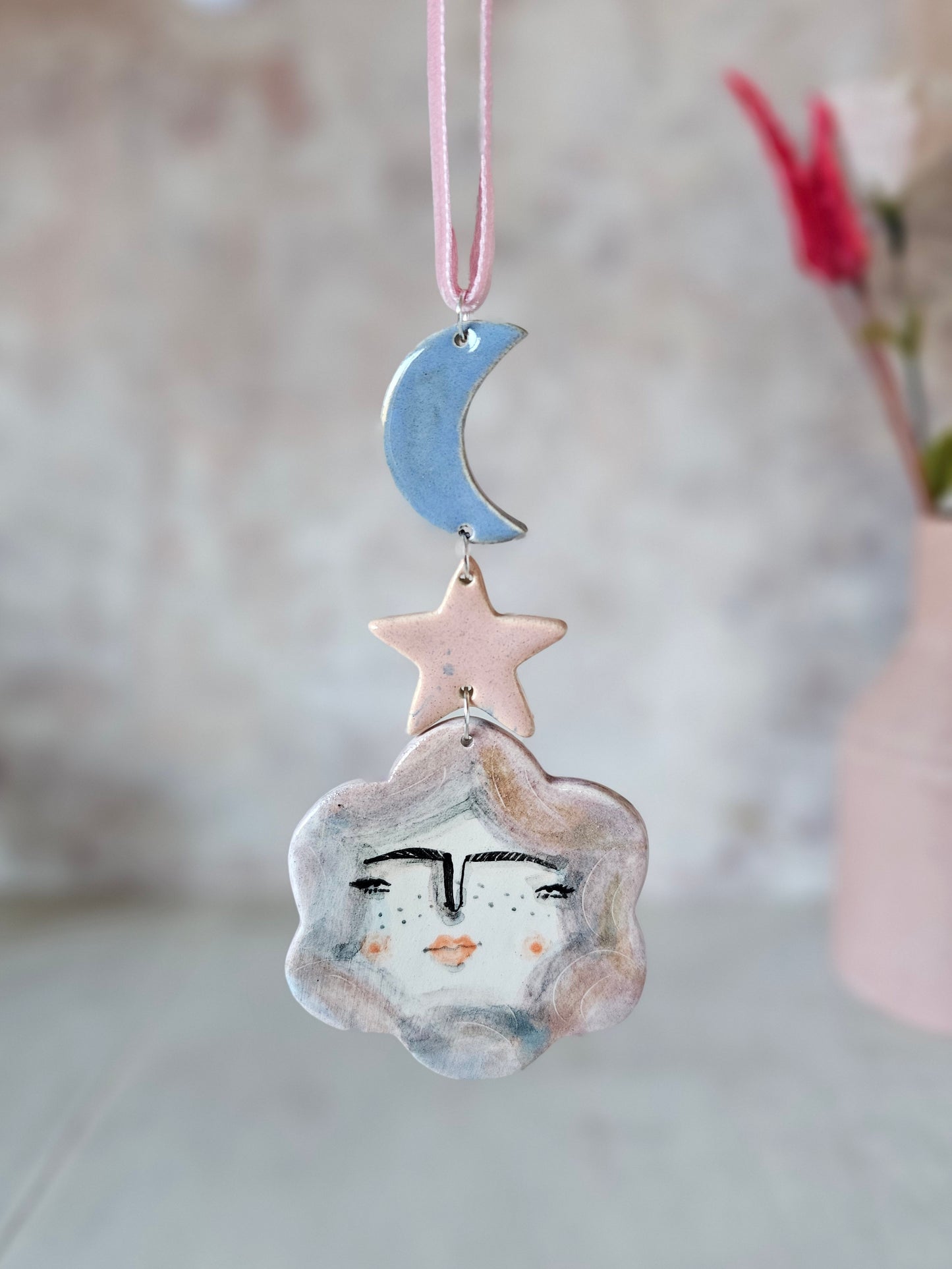 Flora the hanging ceramic dangly hanging decoration pink ribbion