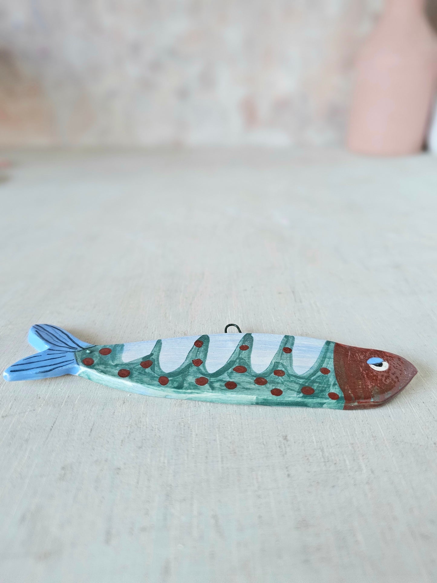 Made to order: Sheila McTin Sardine ceramic hand painted 3D decoration with blue tail