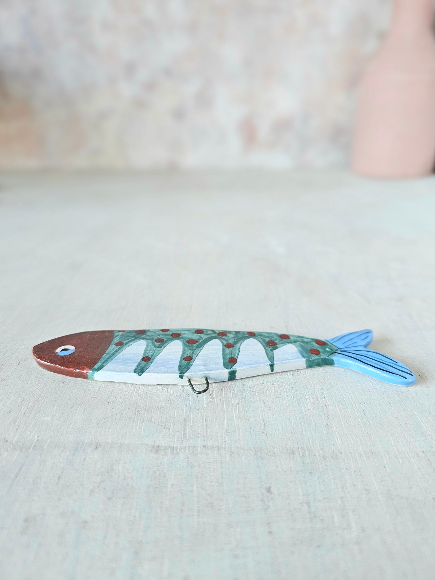 Made to order: Sheila McTin Sardine ceramic hand painted 3D decoration with blue tail
