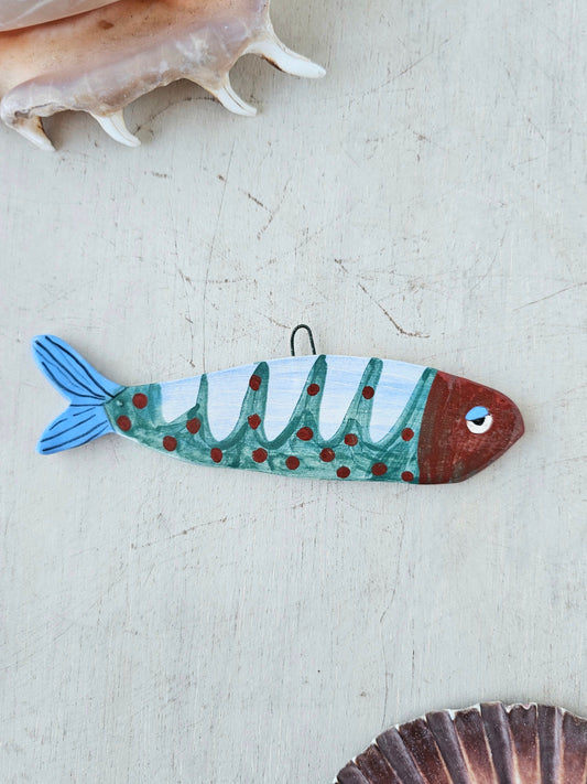 Made to order: Sheila McTin Sardine ceramic hand painted 3D decoration with blue tail