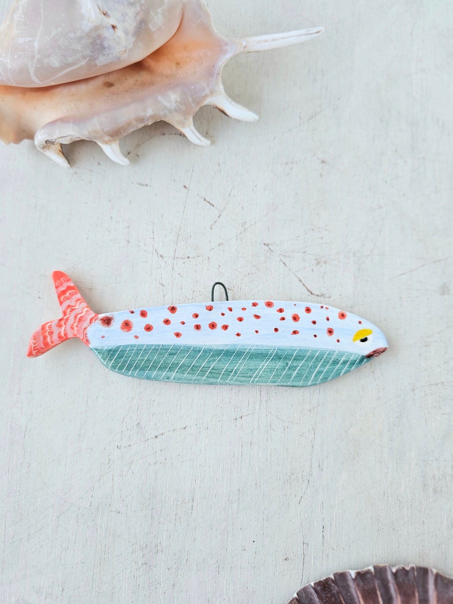 Sheila McTin Sardine ceramic hand painted  wall hanging decoration with spots