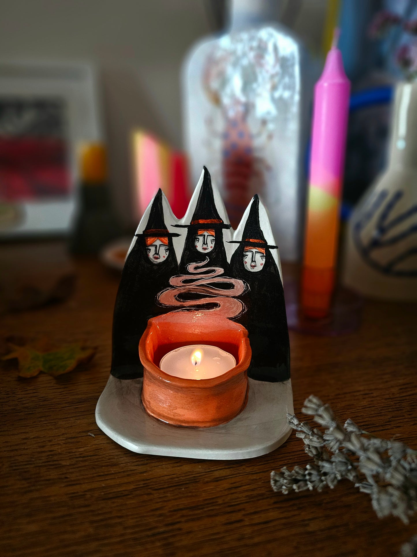 The Hallowed Three  Halloween Witches ceramic candle holder