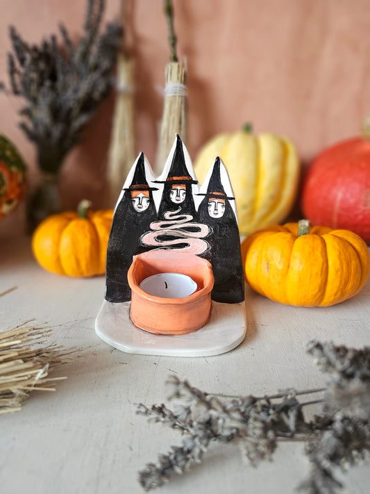 The Hallowed Three  Halloween Witches ceramic candle holder