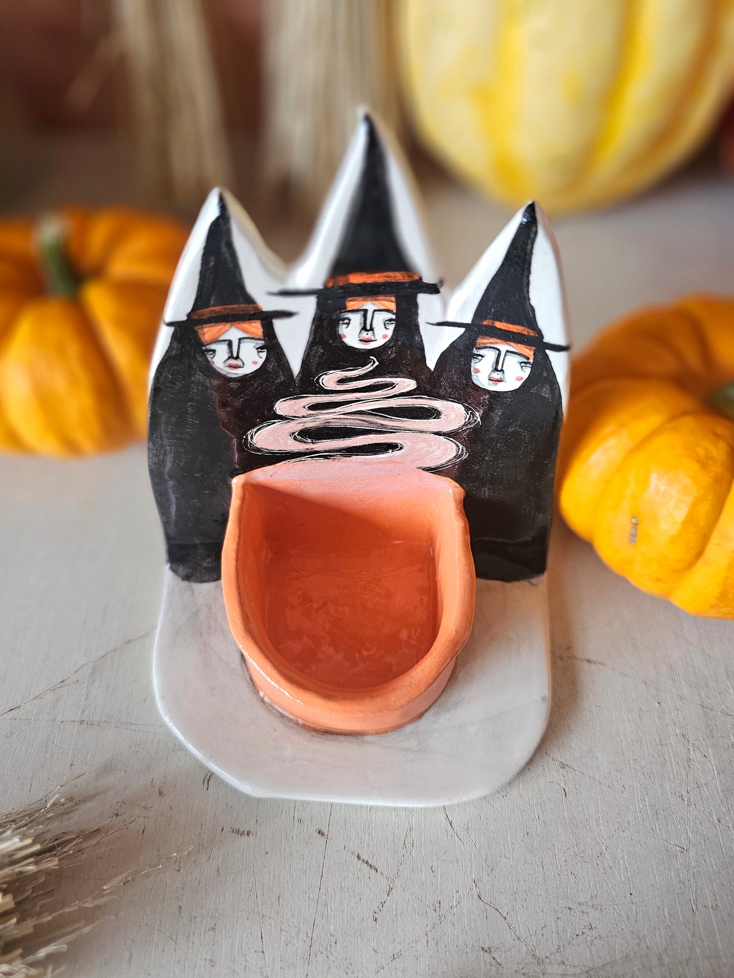 The Hallowed Three  Halloween Witches ceramic candle holder