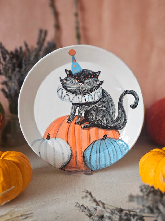 Pawothello the Halloween cat handmade ceramic, decorative plate