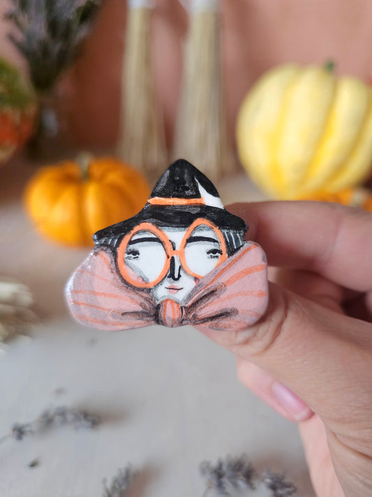 Bella Bow, Witch Halloween handmade ceramic brooch