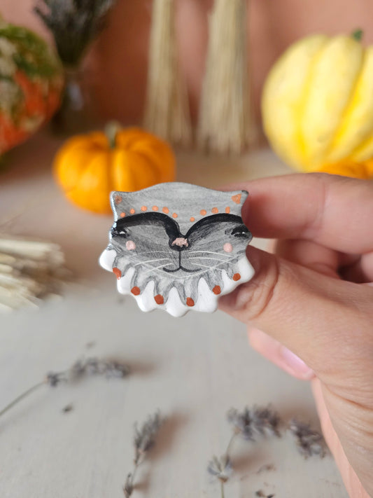 Pawthello, cat Halloween handmade ceramic brooch