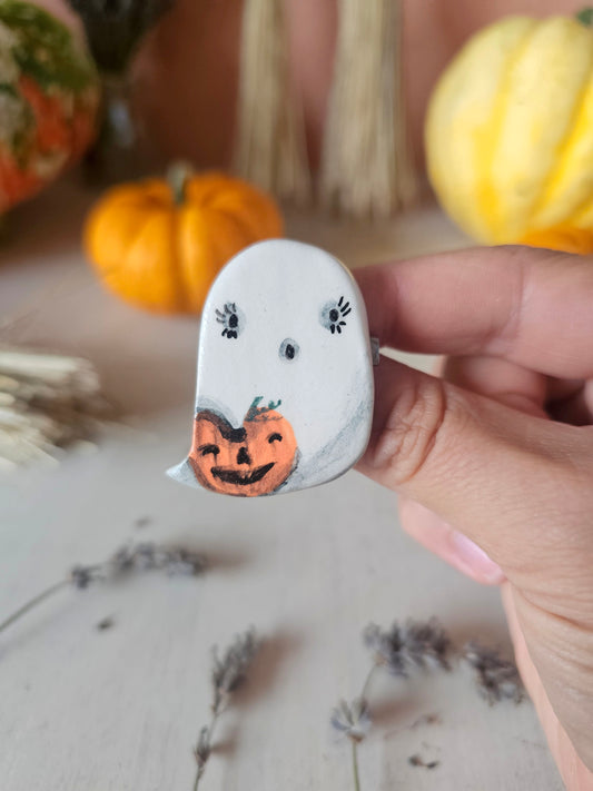 Bob the ghost, Halloween handmade ceramic brooch
