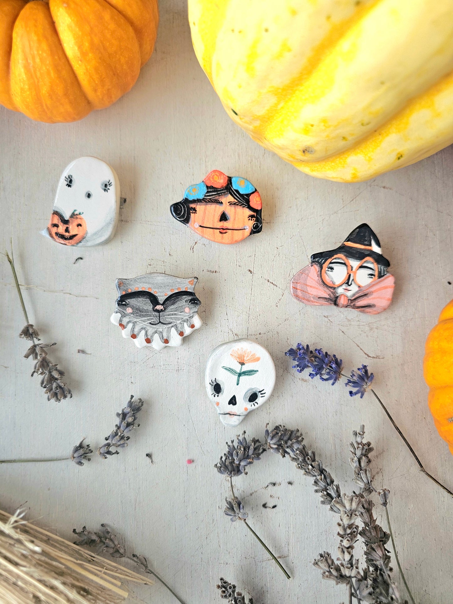 Fleur de bones, skeleton,  Halloween handmade ceramic brooch