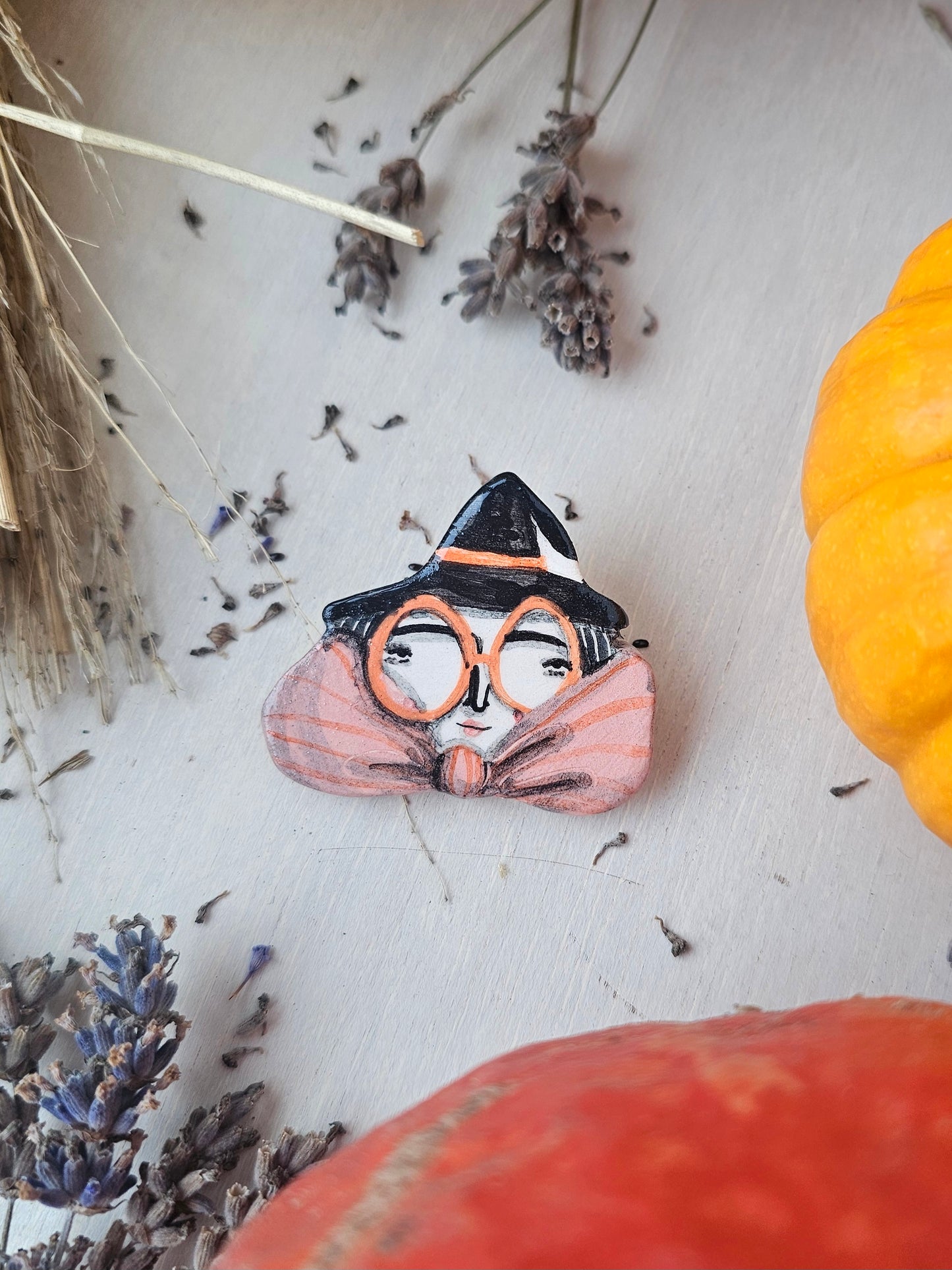 Bella Bow, Witch Halloween handmade ceramic brooch