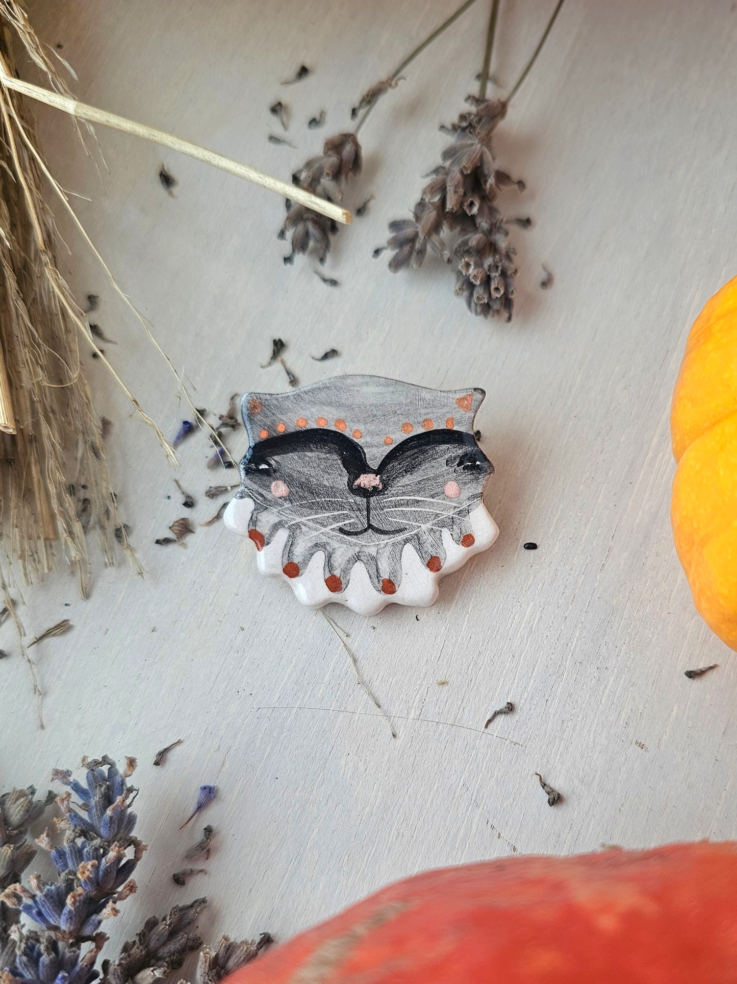 Pawthello, cat Halloween handmade ceramic brooch