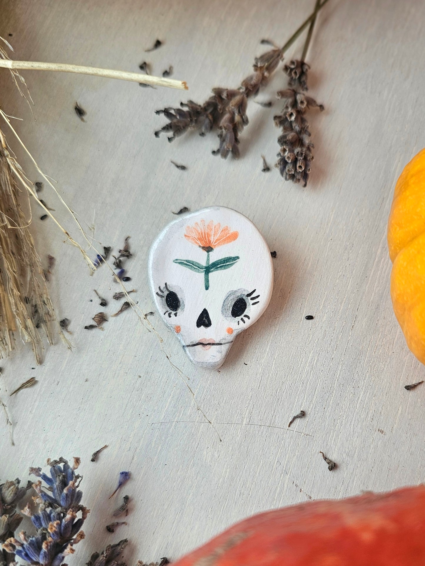 Fleur de bones, skeleton,  Halloween handmade ceramic brooch