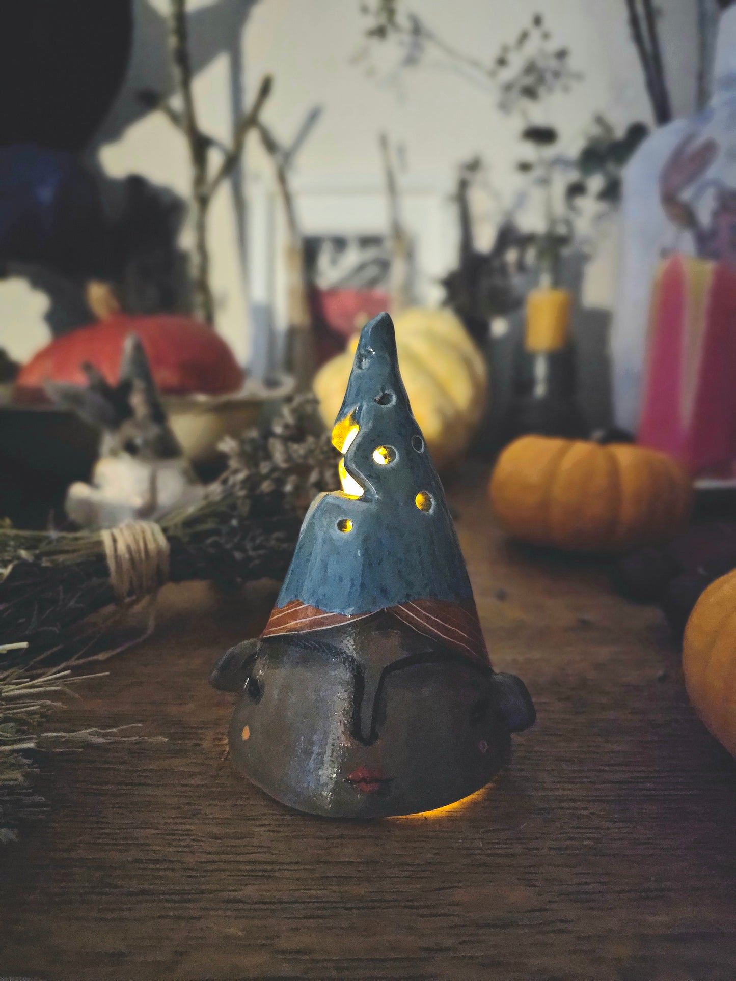 Luni Hex, witch, starlight Halloween  ceramic lantern