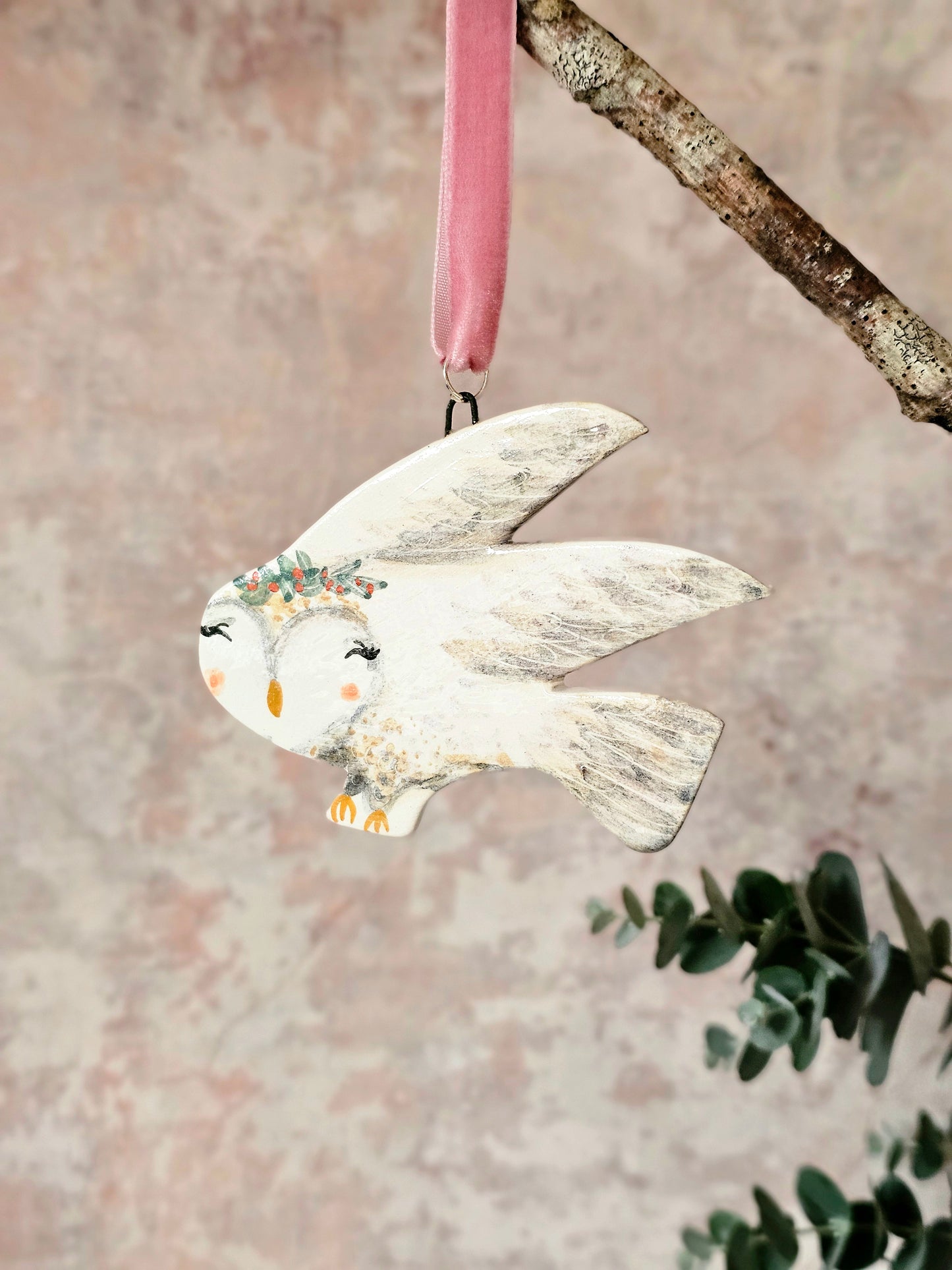 Made to order:Rosa Winterwing — Hand-Painted Ceramic Christmas Snow Owl Ornament