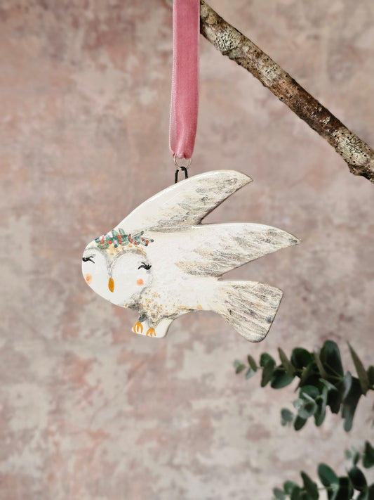 Made to order:Rosa Winterwing — Hand-Painted Ceramic Christmas Snow Owl Ornament