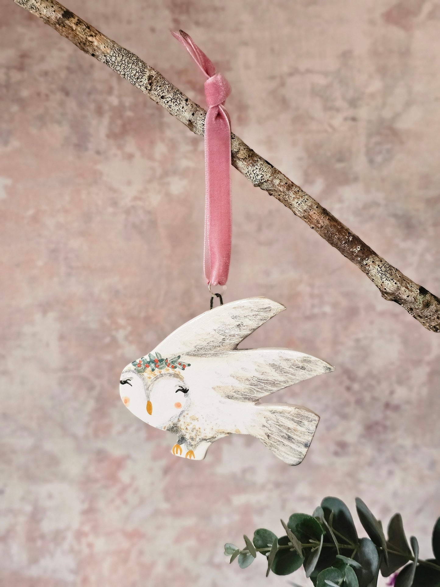 Made to order:Rosa Winterwing — Hand-Painted Ceramic Christmas Snow Owl Ornament