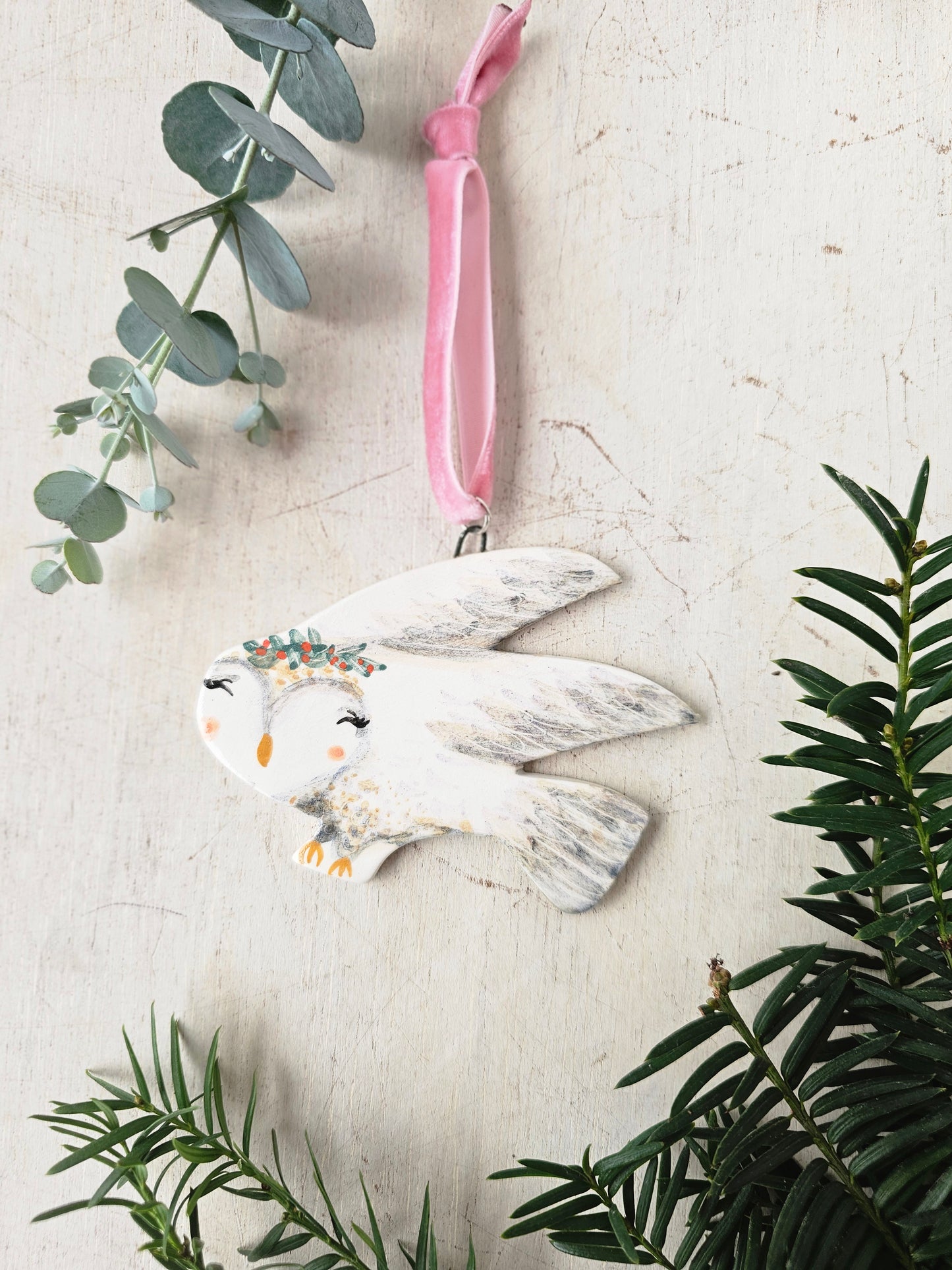 Made to order:Rosa Winterwing — Hand-Painted Ceramic Christmas Snow Owl Ornament