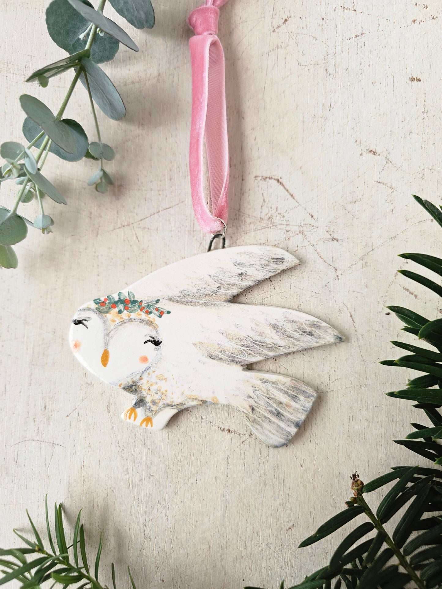 Made to order:Rosa Winterwing — Hand-Painted Ceramic Christmas Snow Owl Ornament