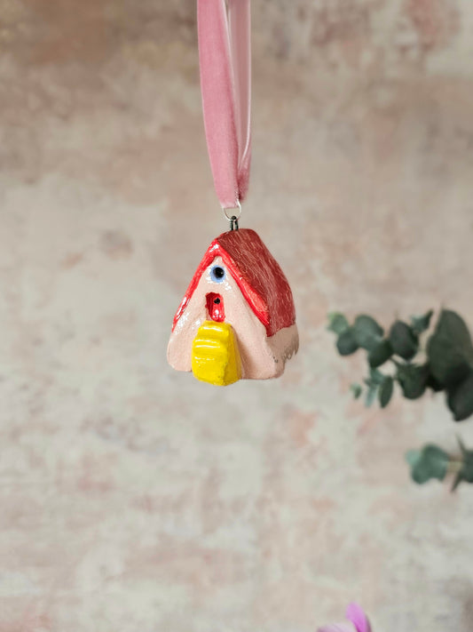 Mini Alpine Houses — Hand-Painted Ceramic Christmas Ornaments - Pink with red roof