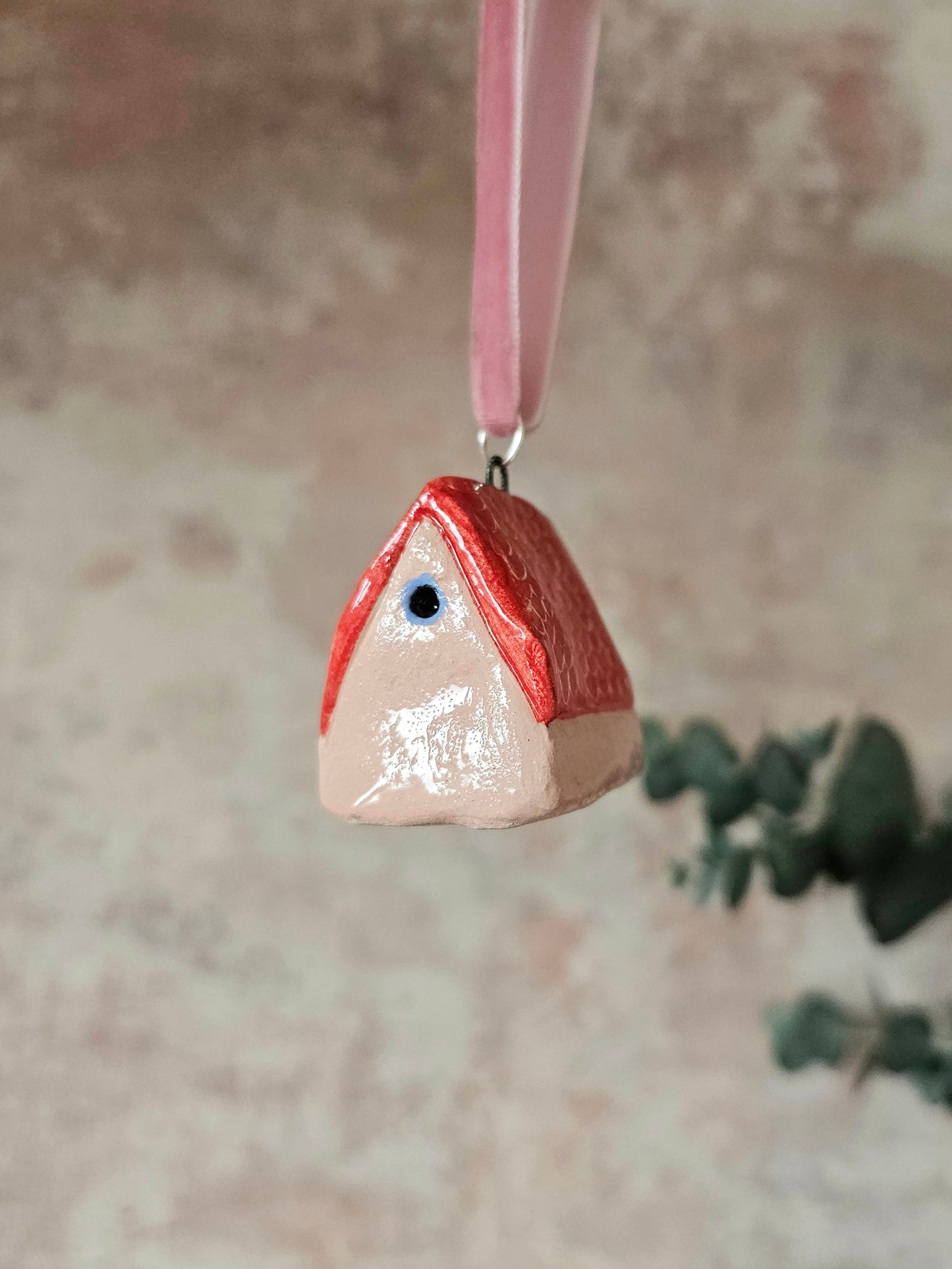 Mini Alpine Houses — Hand-Painted Ceramic Christmas Ornaments - Pink with red roof