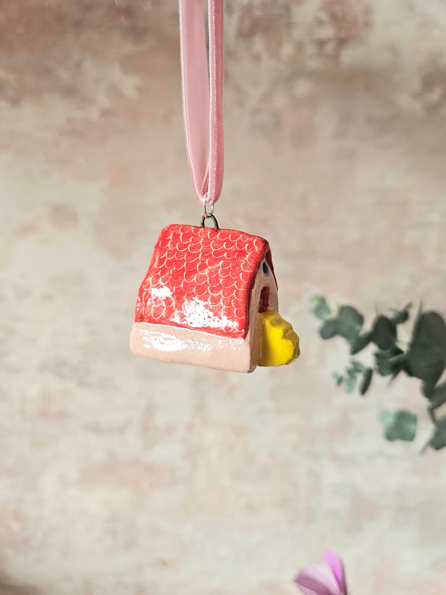 Mini Alpine Houses — Hand-Painted Ceramic Christmas Ornaments - Pink with red roof