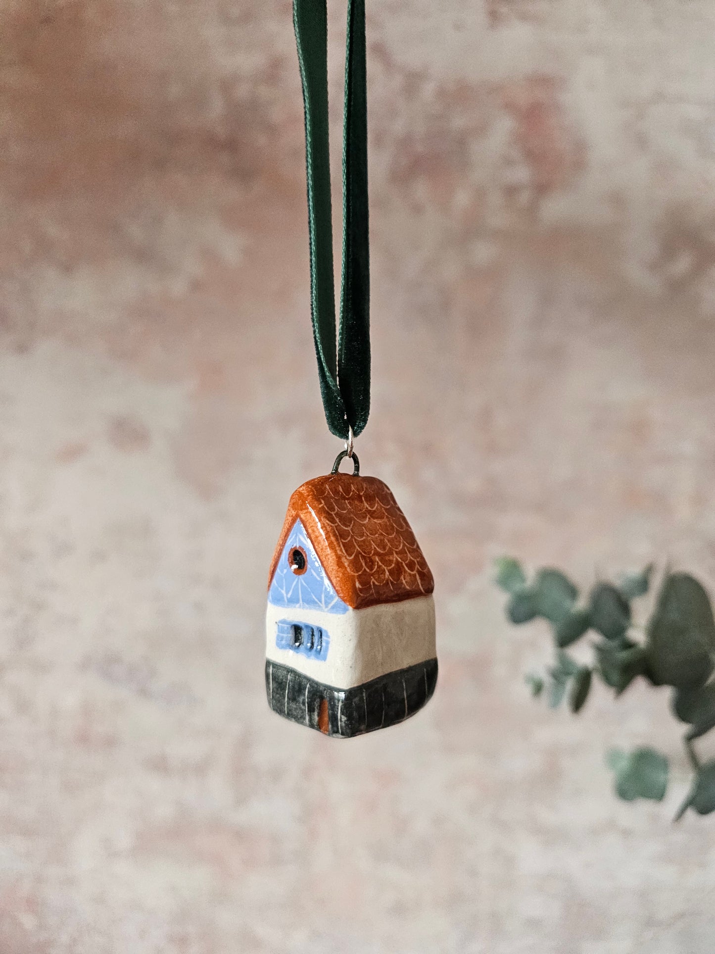 Mini Alpine Houses — Hand-Painted Ceramic Christmas Ornaments - Blue with orange roof