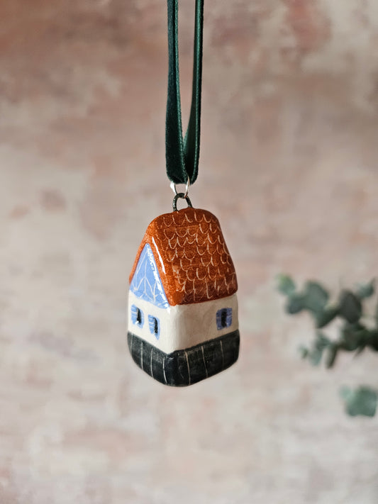 Mini Alpine Houses — Hand-Painted Ceramic Christmas Ornaments - Blue with orange roof