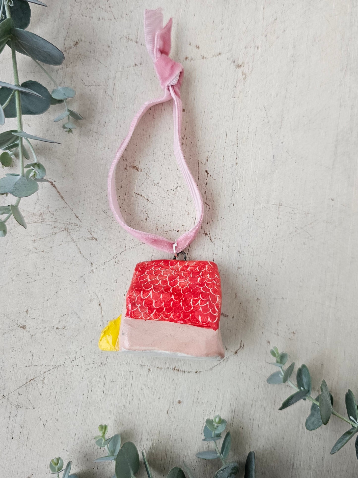 Mini Alpine Houses — Hand-Painted Ceramic Christmas Ornaments - Pink with red roof