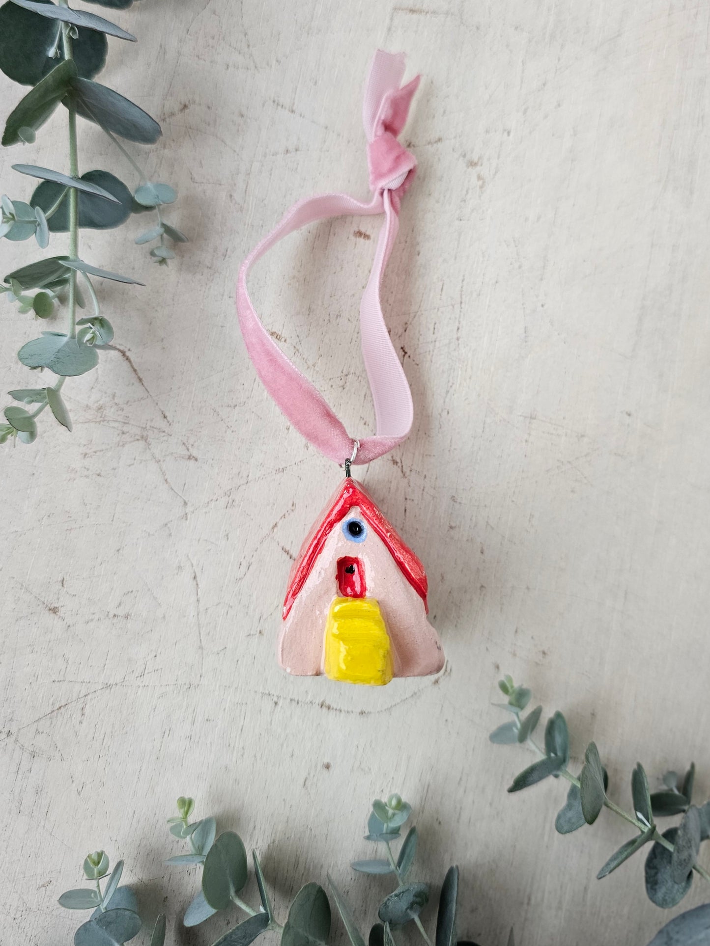 Mini Alpine Houses — Hand-Painted Ceramic Christmas Ornaments - Pink with red roof