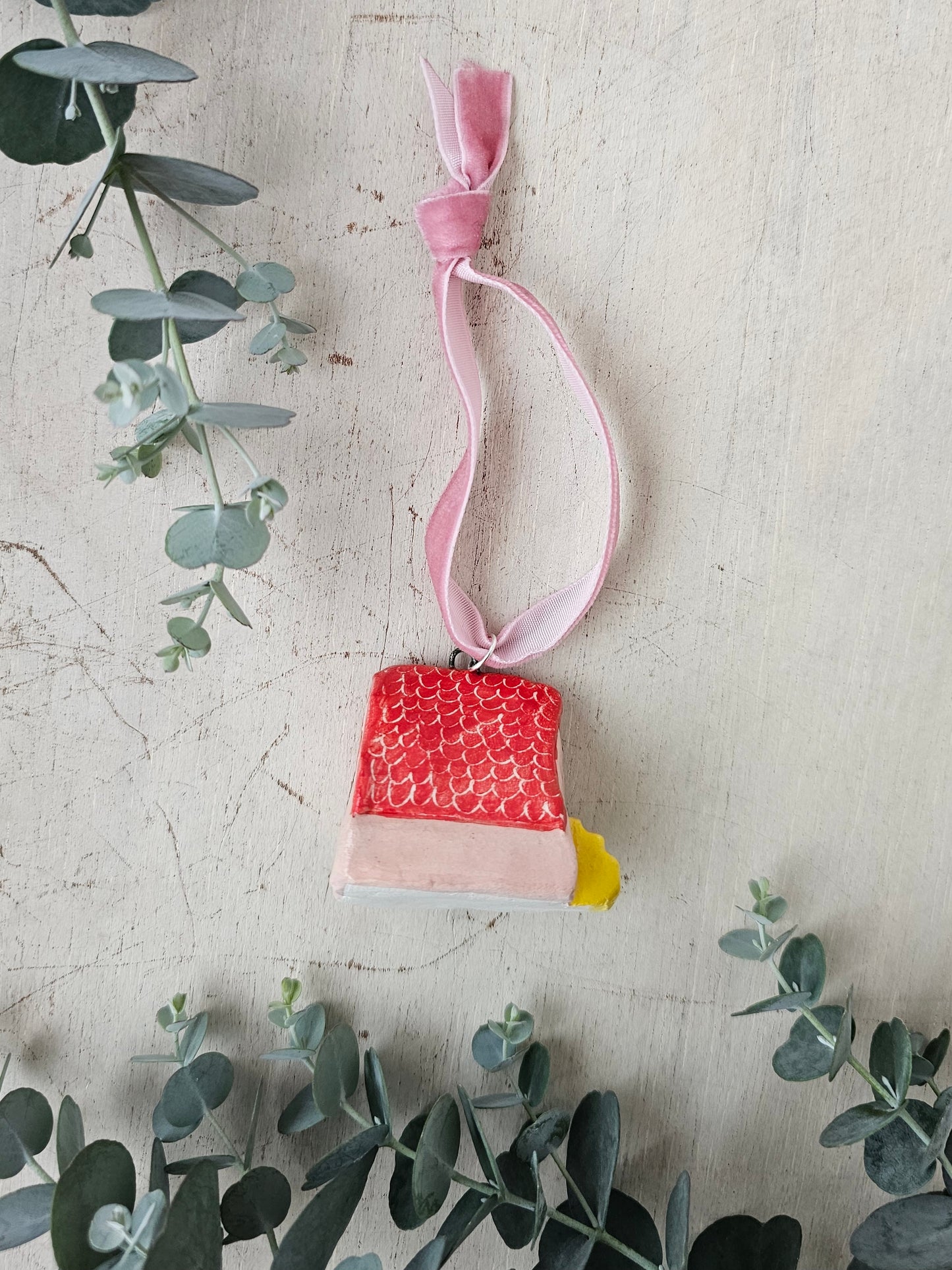 Mini Alpine Houses — Hand-Painted Ceramic Christmas Ornaments - Pink with red roof