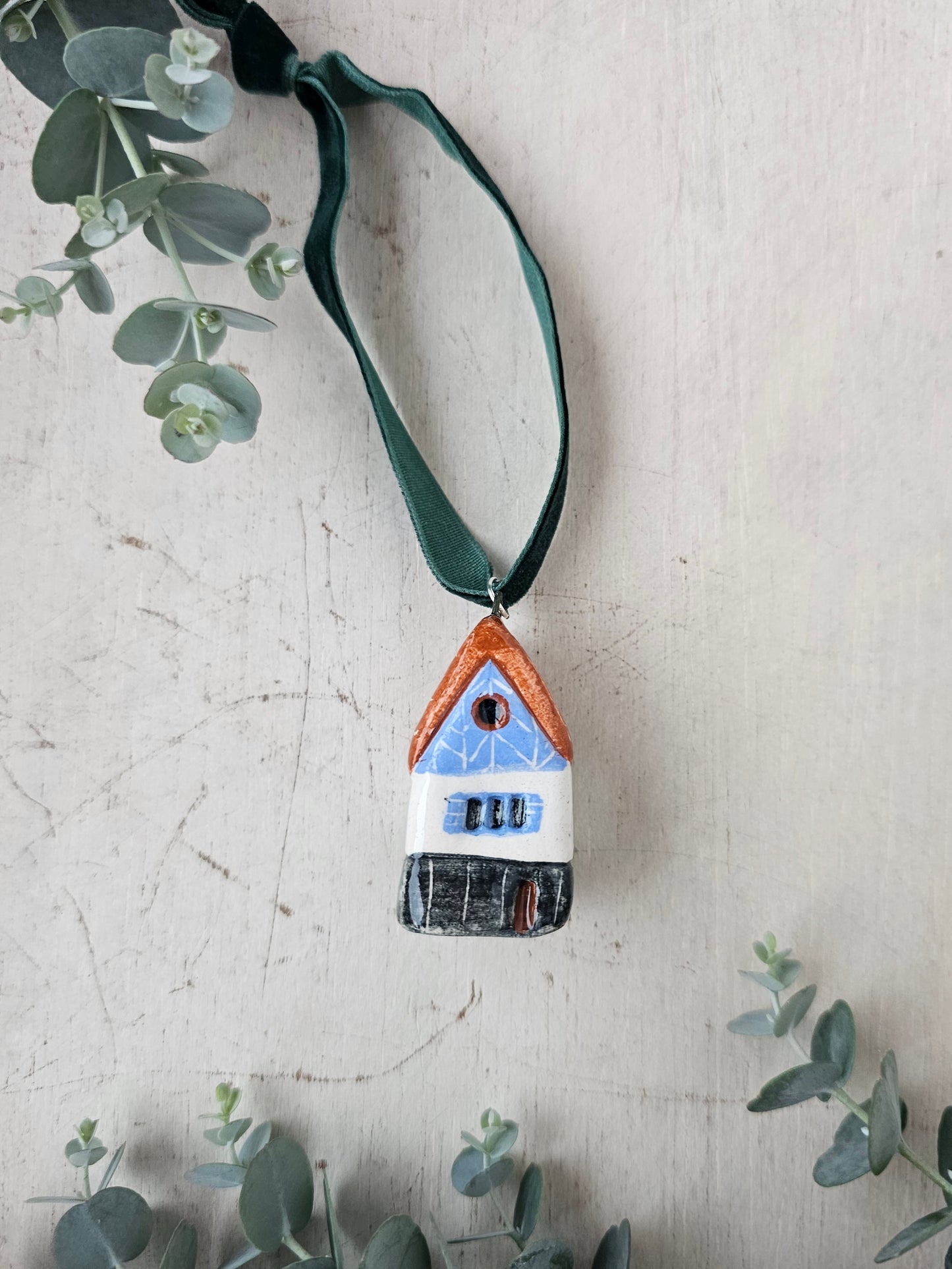 Mini Alpine Houses — Hand-Painted Ceramic Christmas Ornaments - Blue with orange roof