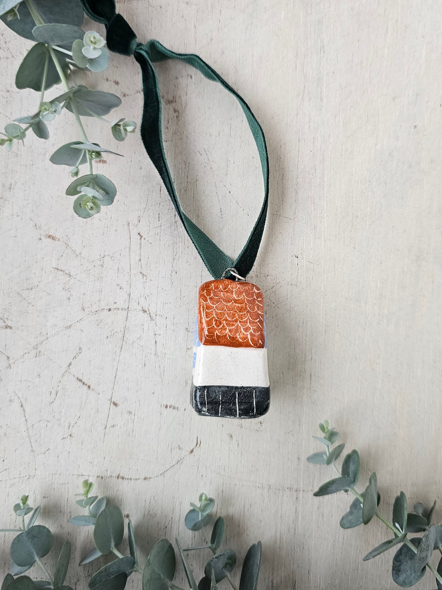 Mini Alpine Houses — Hand-Painted Ceramic Christmas Ornaments - Blue with orange roof