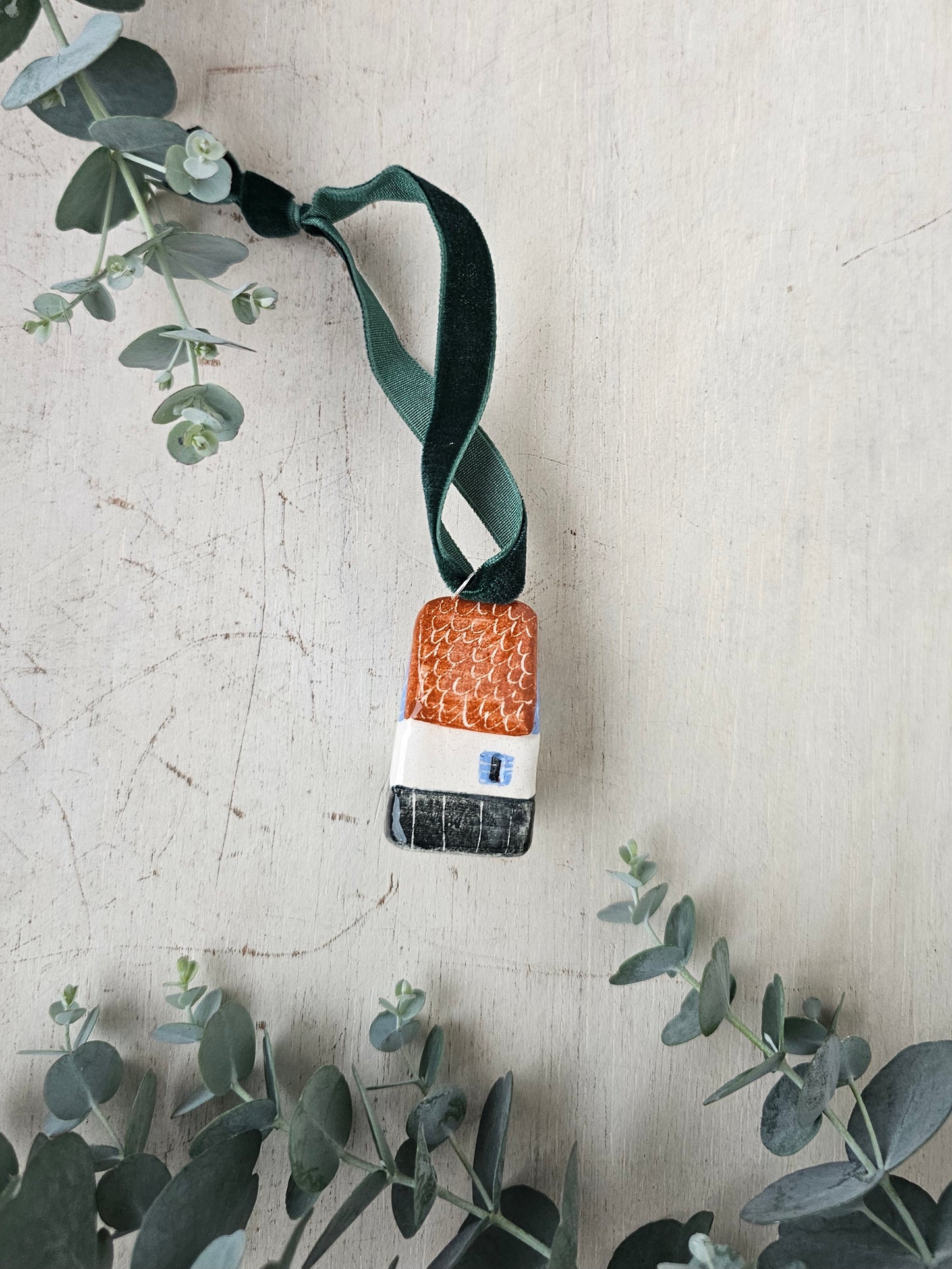 Mini Alpine Houses — Hand-Painted Ceramic Christmas Ornaments - Blue with orange roof