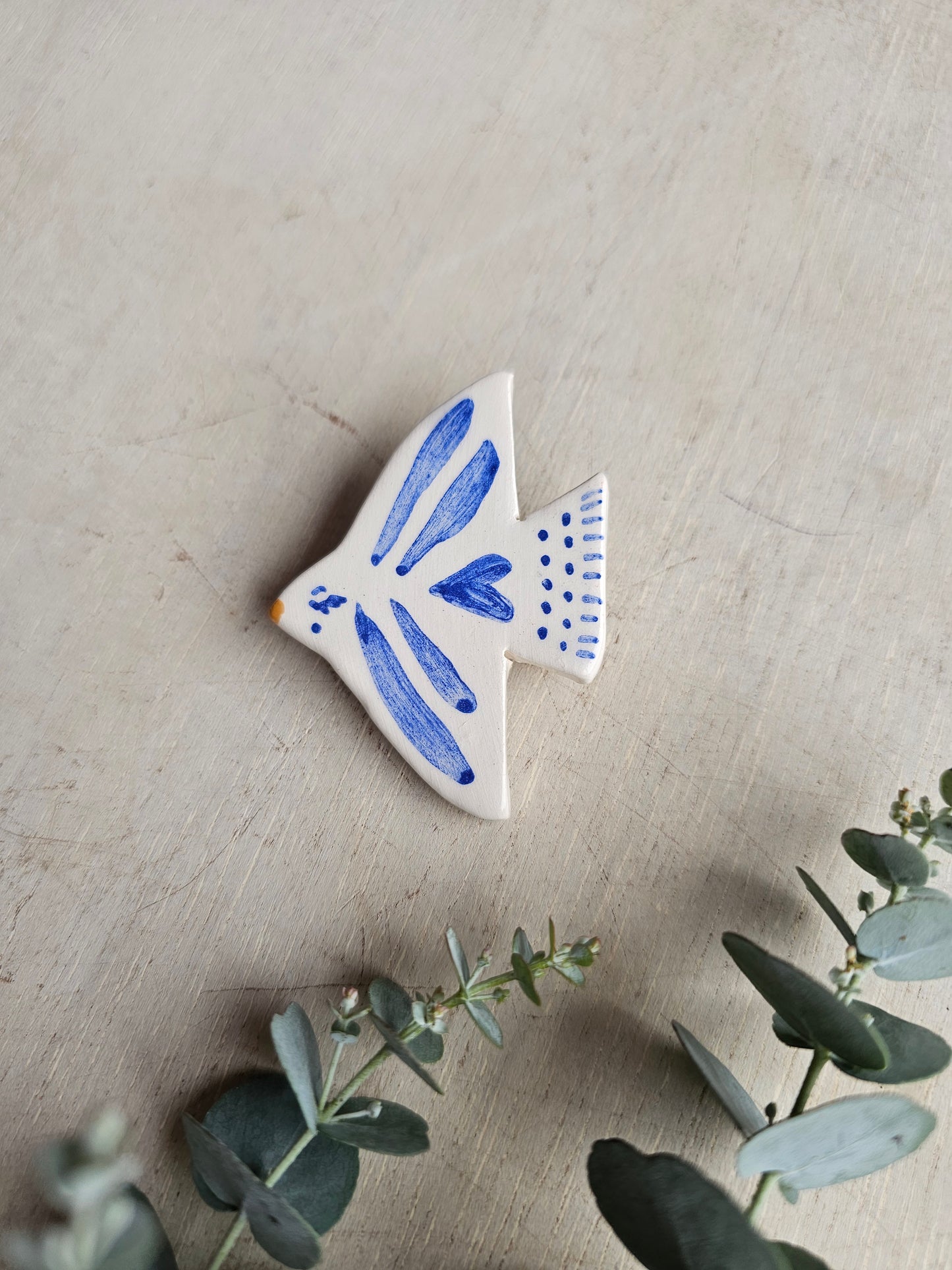 Blue bird handmade ceramic brooch