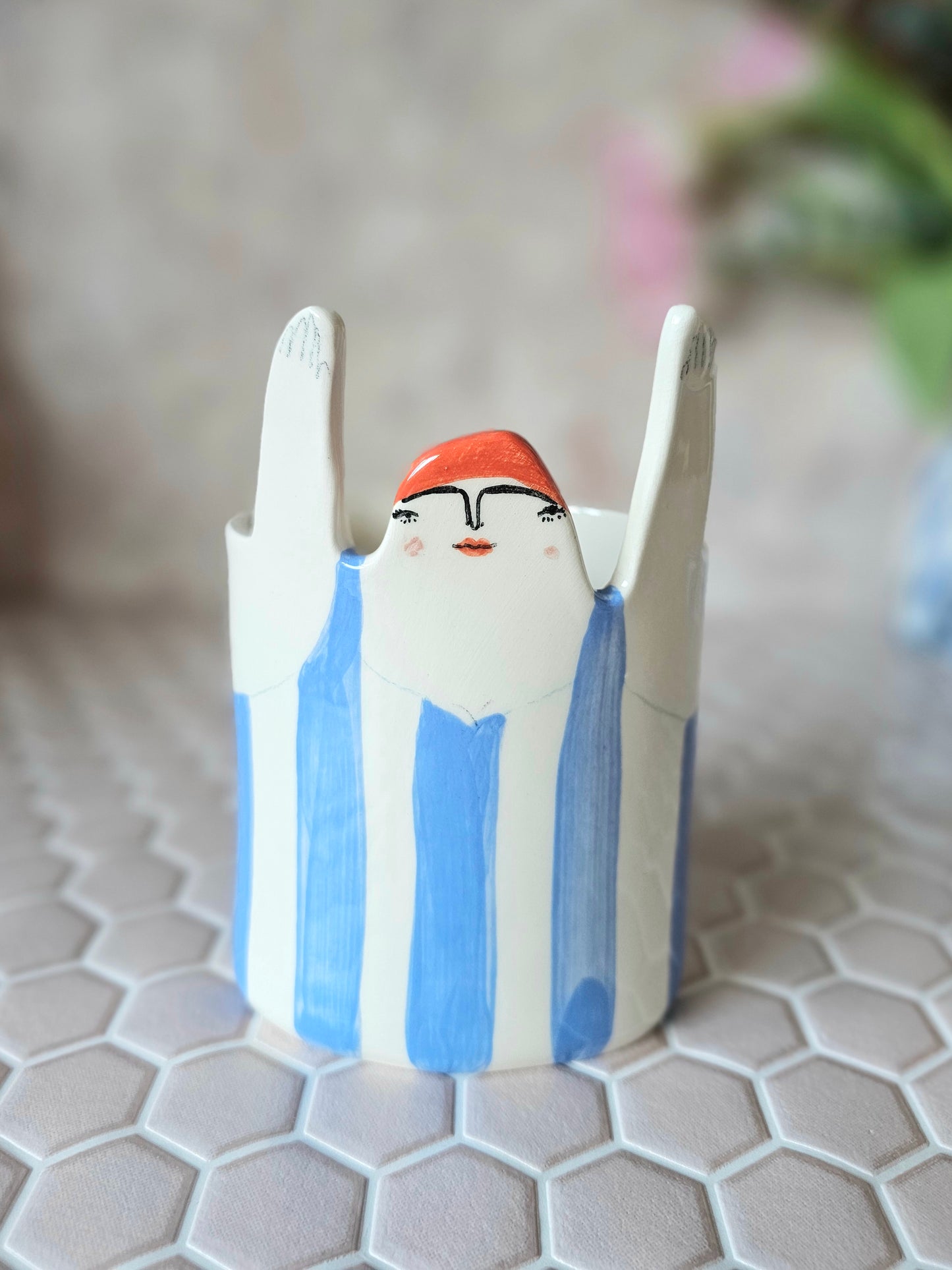 Sylvia the swimmer handmade ceramic pot toothbrush holder- made to order