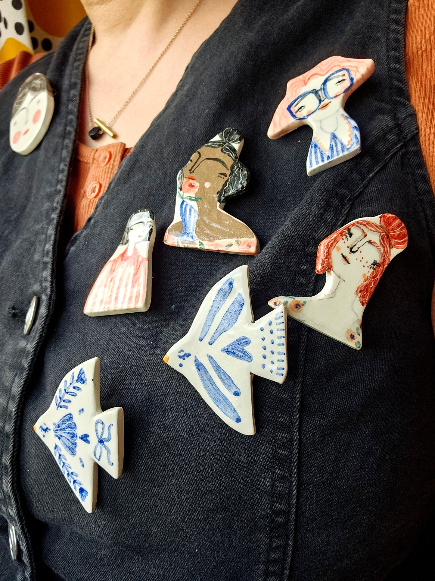 Blue bird handmade ceramic brooch