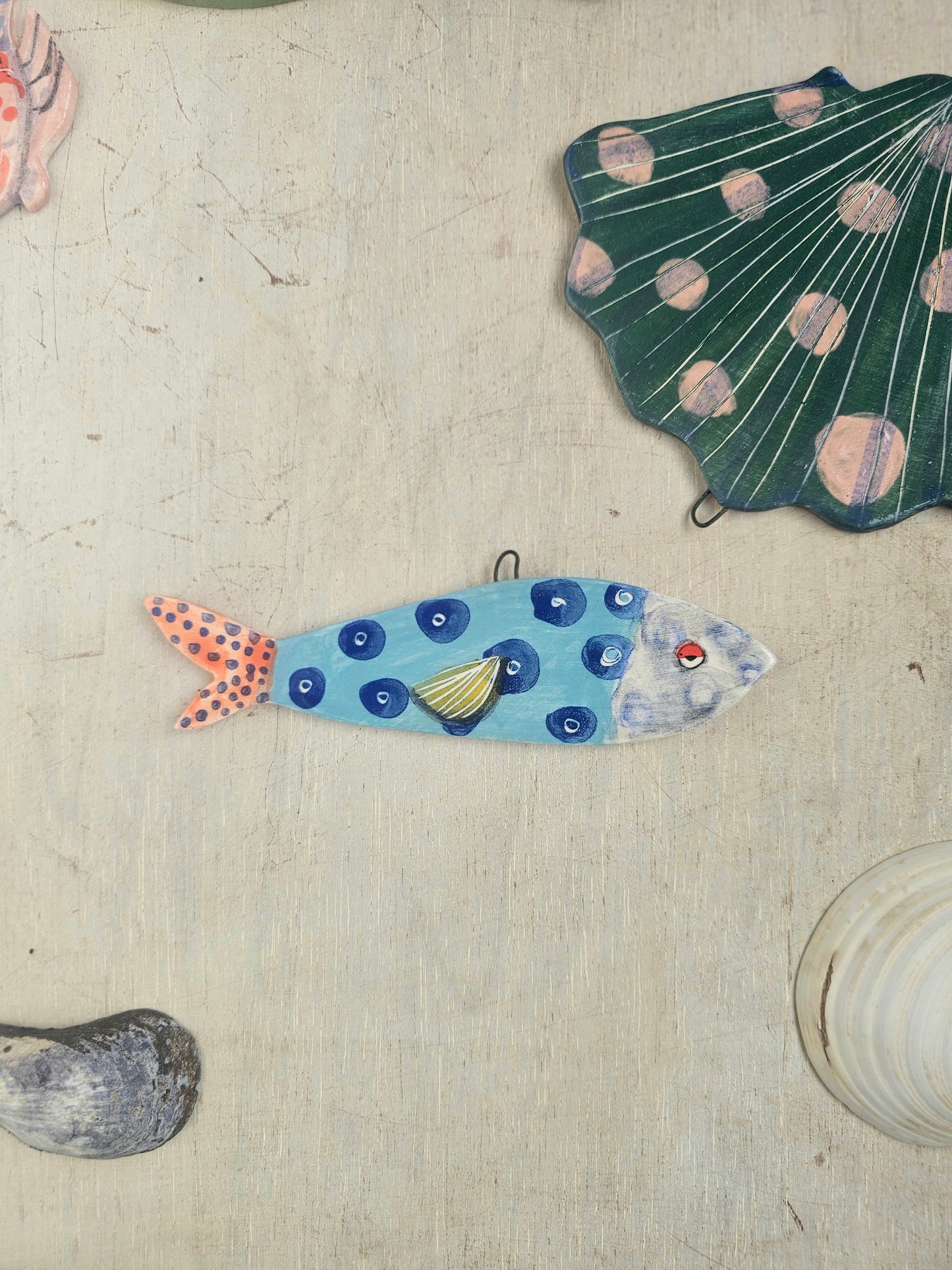 Sheila McTin Sardine ceramic hand painted  wall hanging decoration blue spot