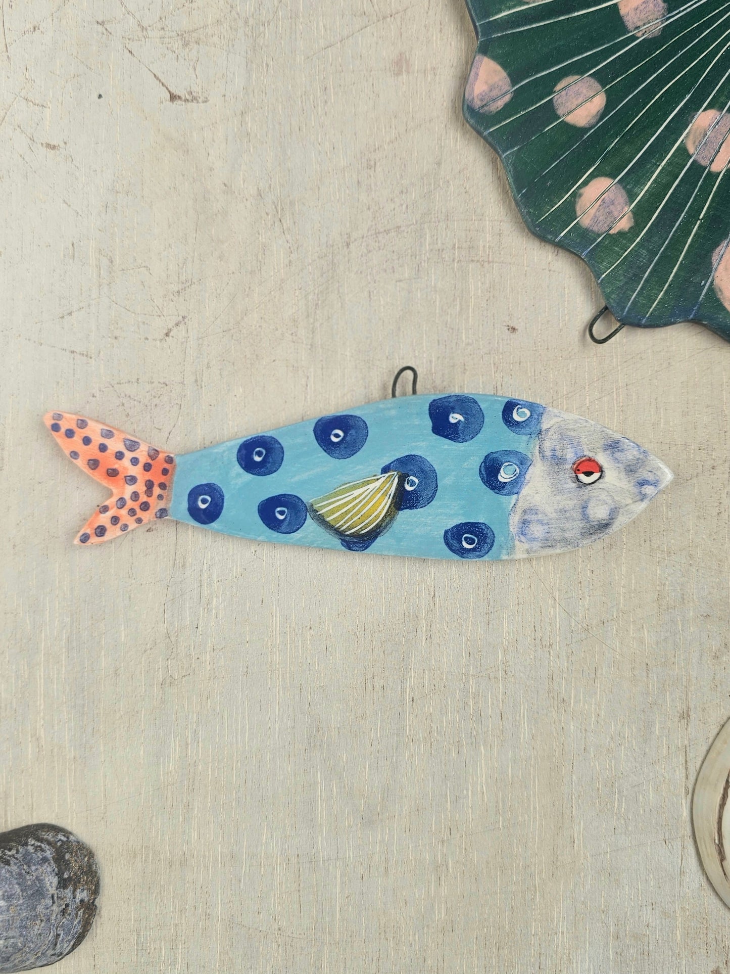 Sheila McTin Sardine ceramic hand painted  wall hanging decoration blue spot