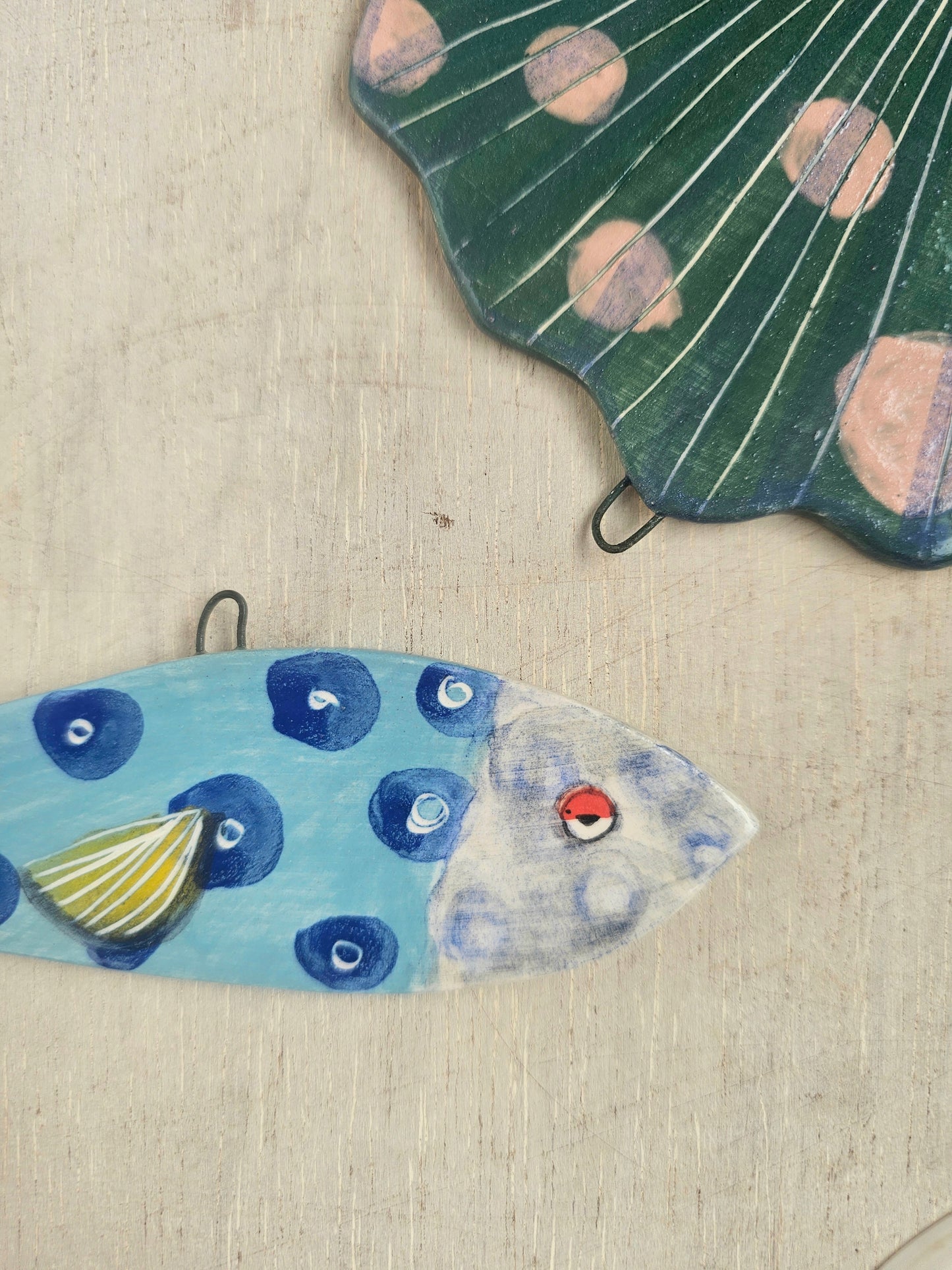 Sheila McTin Sardine ceramic hand painted  wall hanging decoration blue spot