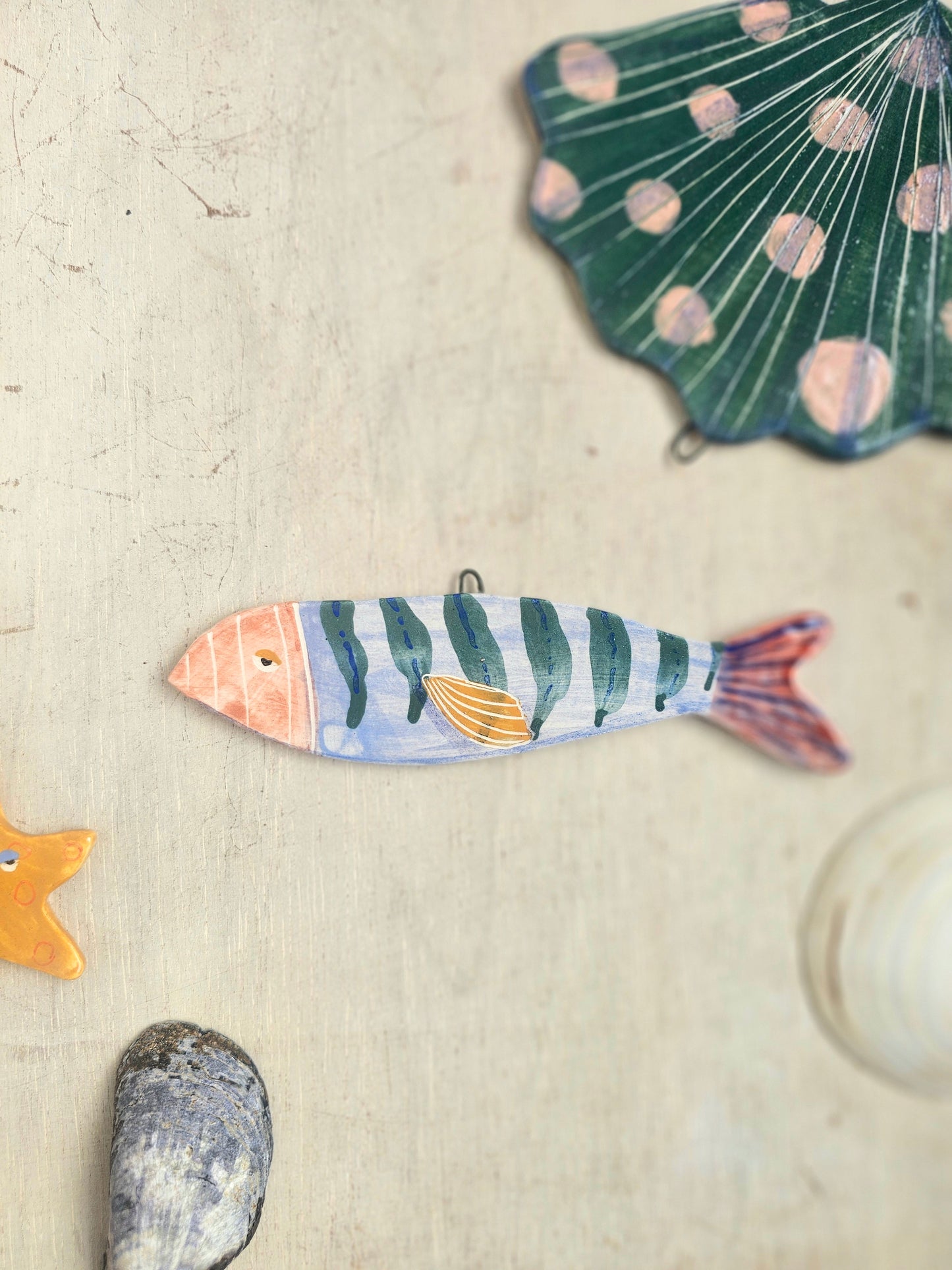 Sheila McTin Sardine ceramic hand painted  wall hanging decoration green stripe