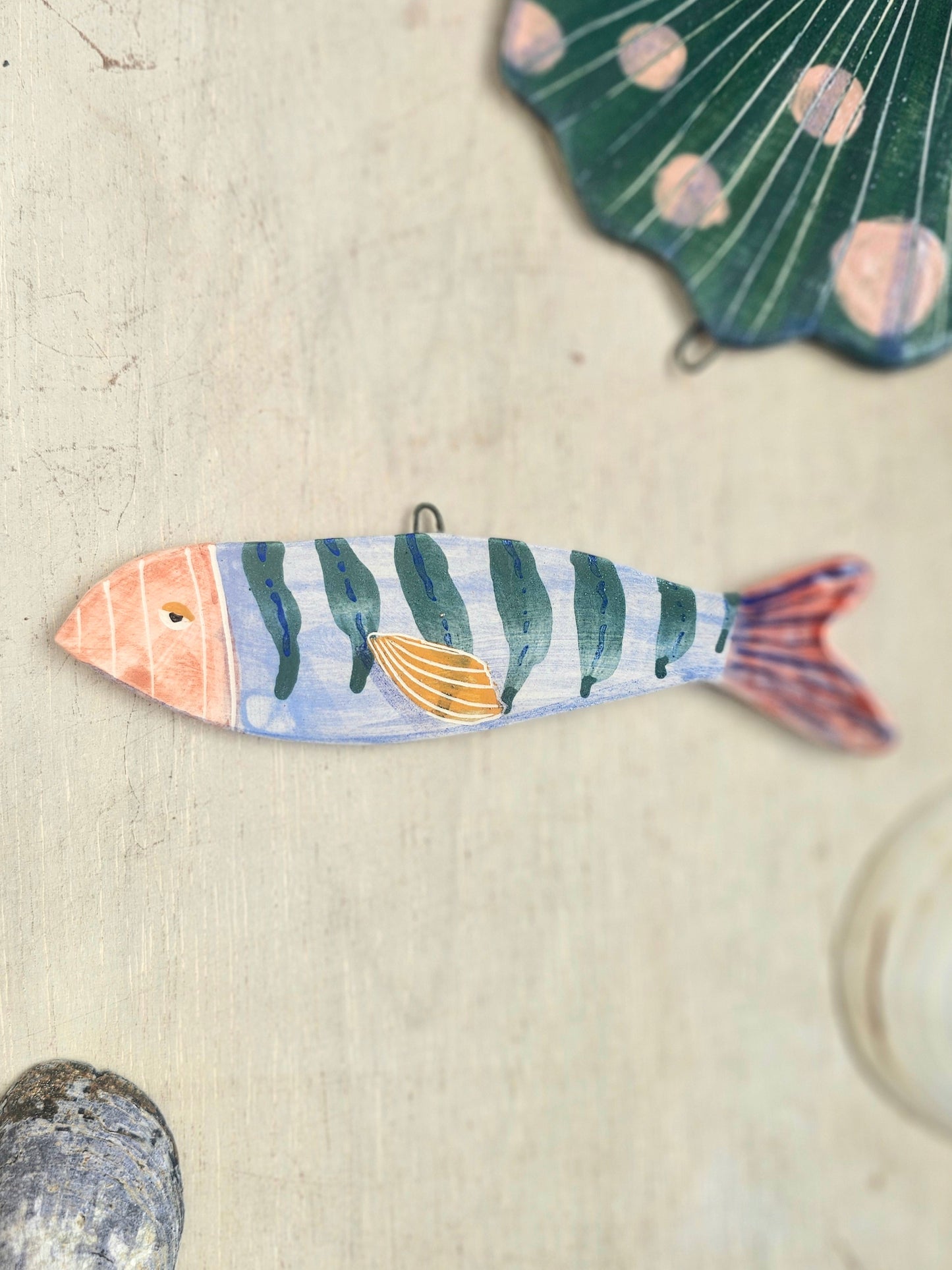Sheila McTin Sardine ceramic hand painted  wall hanging decoration green stripe