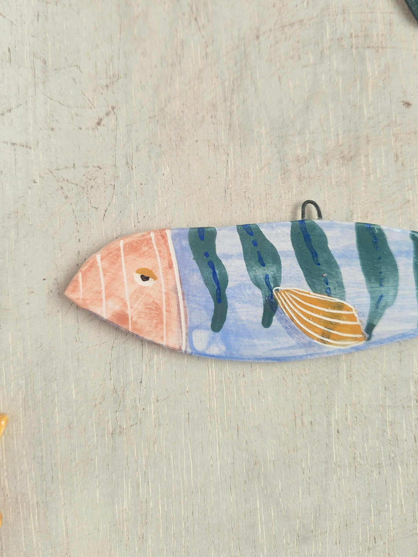 Sheila McTin Sardine ceramic hand painted  wall hanging decoration green stripe