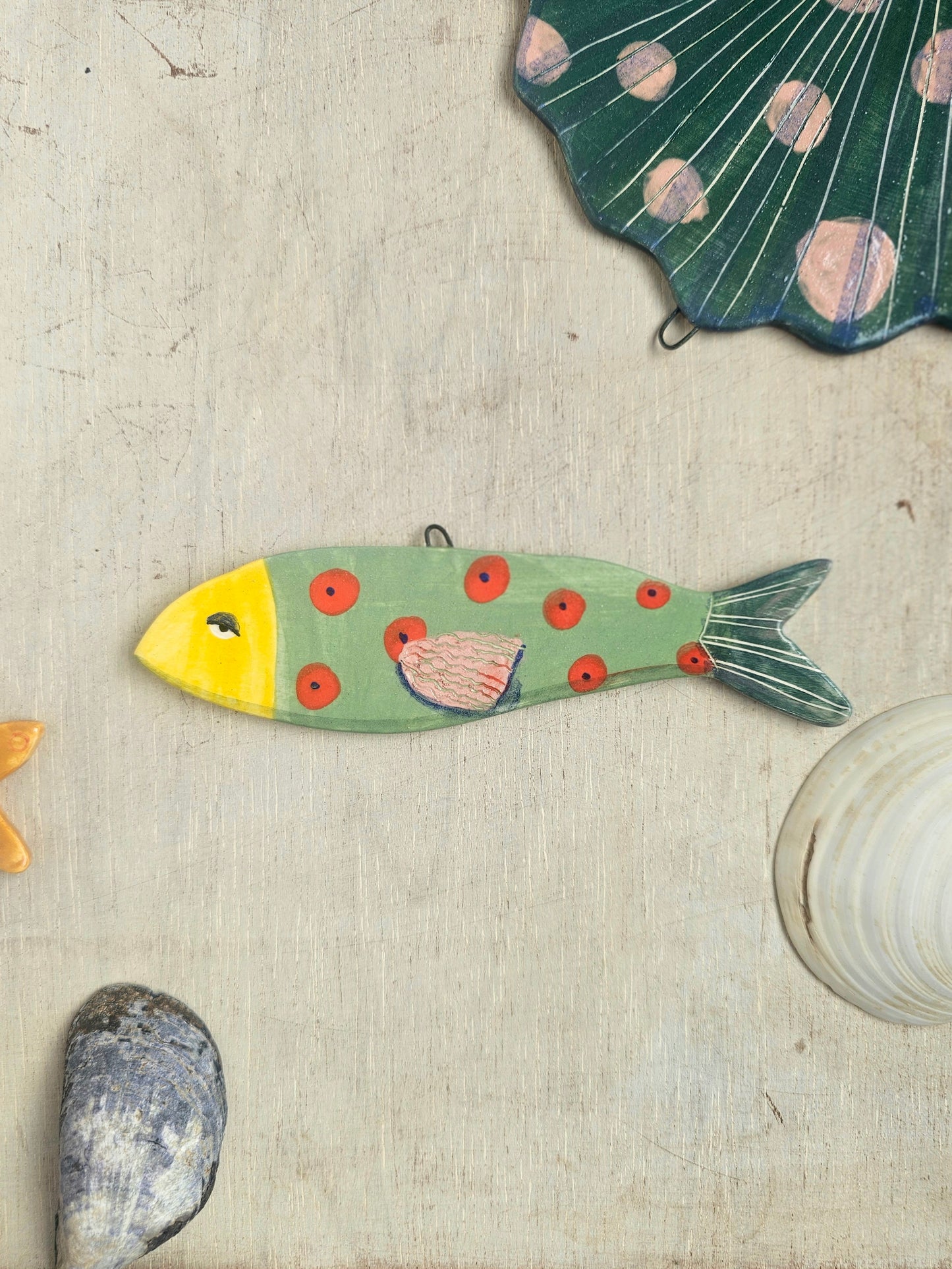 Sheila McTin Sardine ceramic hand painted  wall hanging decoration red spot