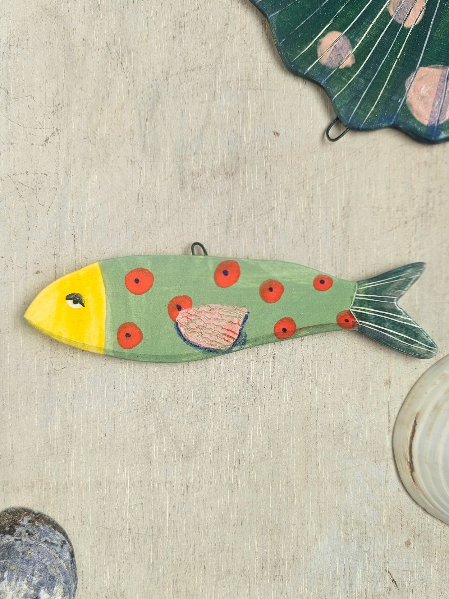 Sheila McTin Sardine ceramic hand painted  wall hanging decoration red spot